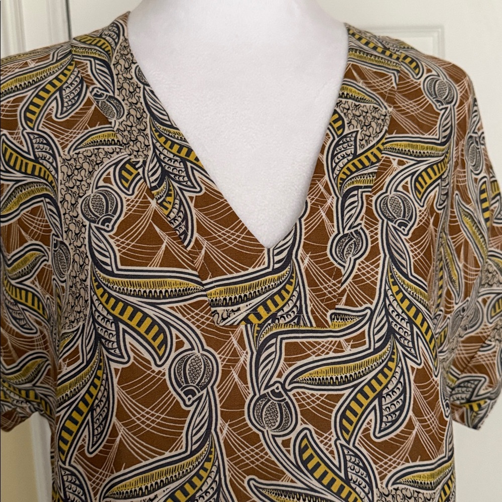 Nathalie Vleeschouwer dress V-neckline unique, earthy abstract floral pattern XS - Picture 4 of 9